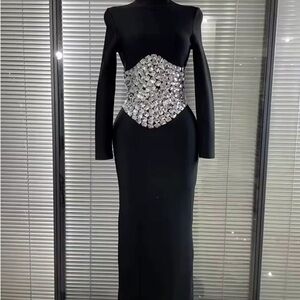 Chic Long Sleeve Black Dress with Silver Accents